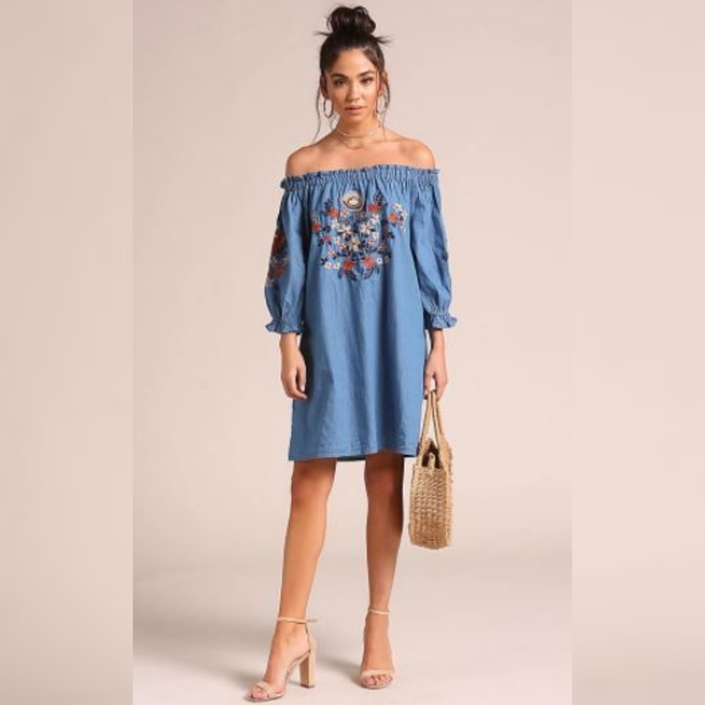 Paper Heart Off Shoulder Dress With Floral Embroidery In Chambray Size: Small
